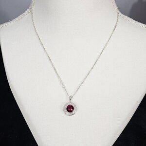 Swarovski Crystal Bezel Garnet Halo Crystal Pendant Silver Tone Necklace